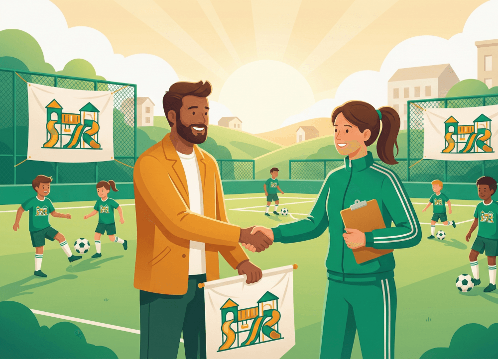 Local business owner sponsoring a youth sports team at a community field event